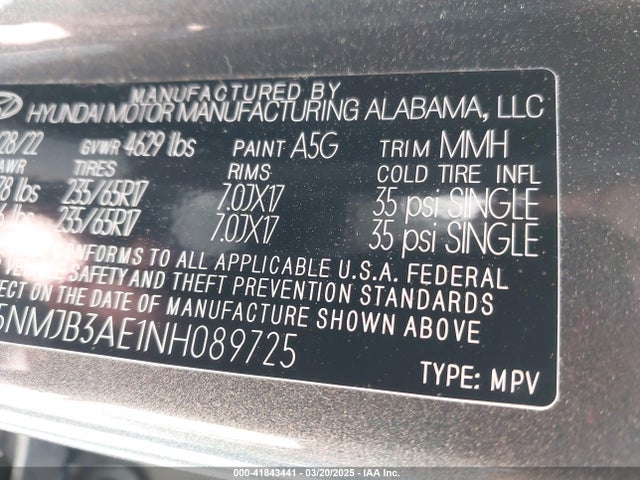 5NMJB3AE1NH089725 Hyundai TUCSON SEL