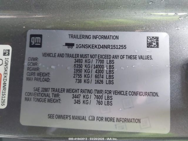 1GNSKEKD4NR151255 Chevrolet l84 - di, dfm, alum, gen 5, var 2