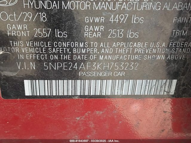 5NPE24AF3KH753232 Hyundai SONATA SE