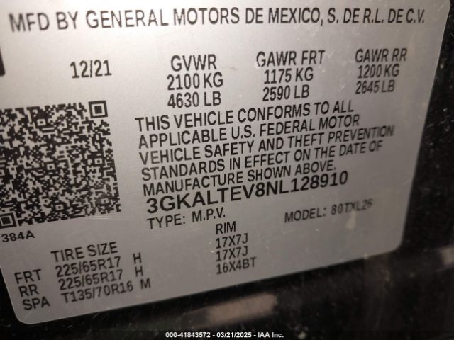 3GKALTEV8NL128910 GMC Terrain Awd Sle