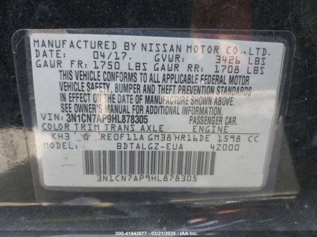 3N1CN7AP9HL878305 Nissan Versa 1.6 Sl