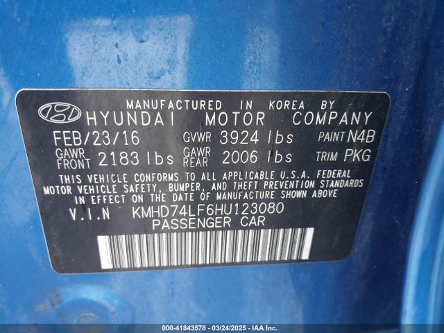 KMHD74LF6HU123080 Hyundai ELANTRA SE