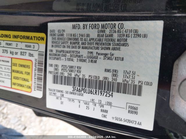 3FA6P0LU6LR197254 Ford Fusion Hybrid Se