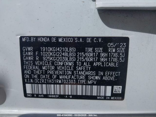 3CZRZ1H31RM702303 Honda Hr-v 2wd Lx