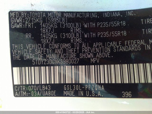 5TDYZ3DCXKS980027 Toyota Sienna Limited Premium 7 Passenger