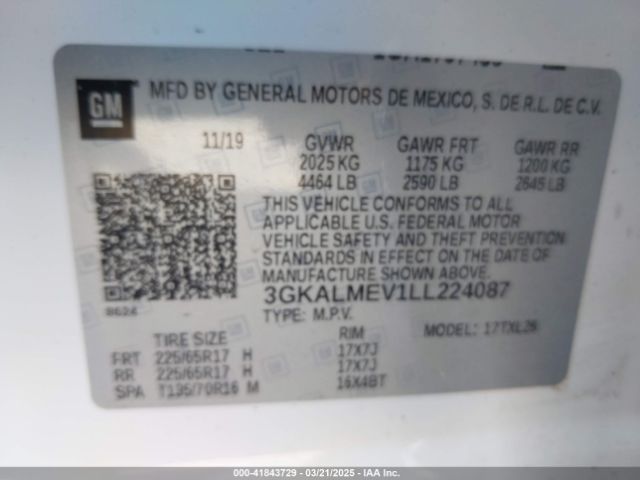 3GKALMEV1LL224087 GMC Terrain Fwd Sle