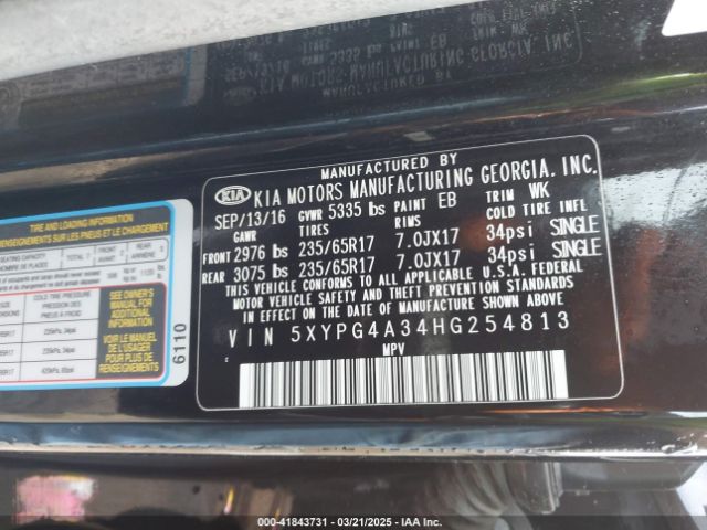 5XYPG4A34HG254813 KIA Sorento 2.4l Lx