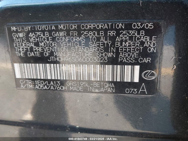 Продаж на аукціоні авто 2006 Lexus Gs 300, vin: JTHCH96S060003023, номер лоту: 41843749