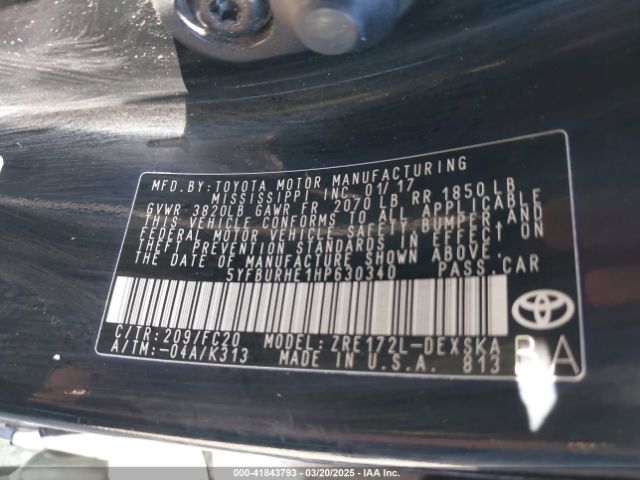 5YFBURHE1HP630340 Toyota COROLLA SE