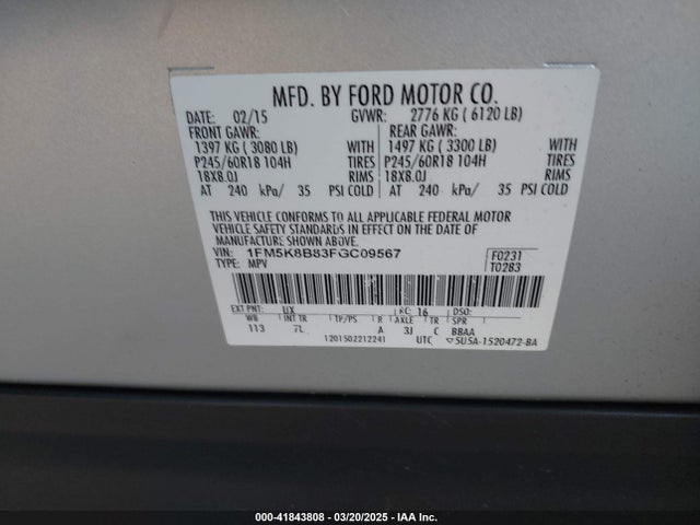 1FM5K8B83FGC09567 Ford Explorer