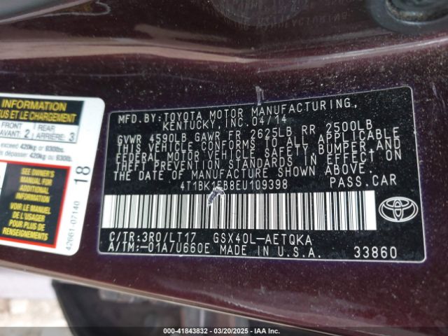 4T1BK1EB8EU109398 Toyota Avalon Xle Touring