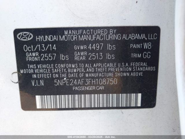5NPE24AF3FH108750 Hyundai SONATA SE