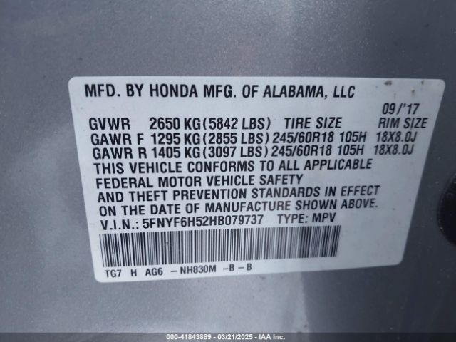 5FNYF6H52HB079737 Honda Pilot Ex-l