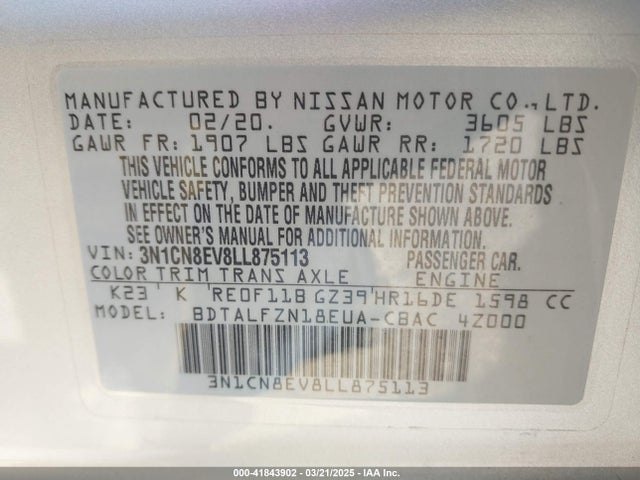 3N1CN8EV8LL875113 Nissan Versa Sv Xtronic Cvt