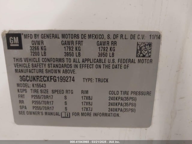 3GCUKRECXFG199274 Chevrolet Silverado 1500 1lt