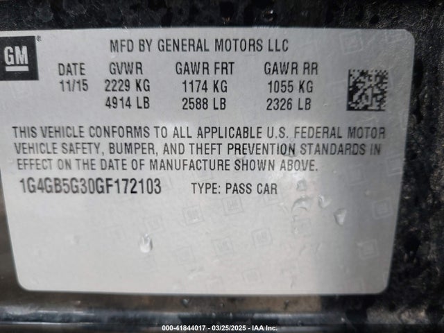 Buick lfx - sidi, vvt, e85 max, alum gm 2016 1G4GB5G30GF172103 Image 9