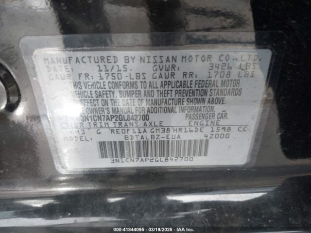 3N1CN7AP2GL842700 Nissan Versa 1.6 Sv