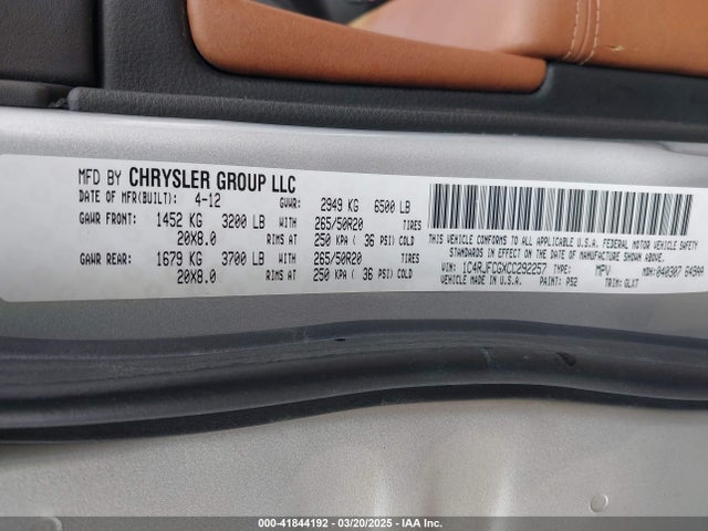 Aukcja sprzedaży 2012 Jeep Grand Cherokee Overland, vin: 1C4RJFCGXCC292257, numer aukcji: 41844192