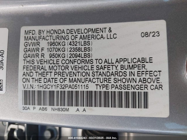 1HGCY1F32PA051115 Honda l15be