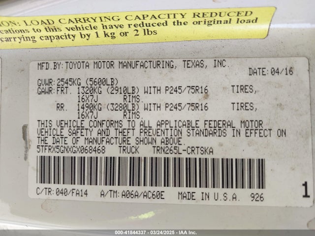 5TFRX5GNXGX068468 Toyota Tacoma Access Cab/sr/sr5