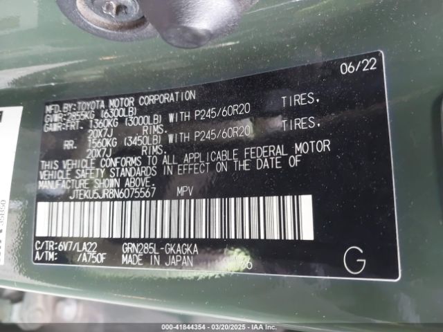 JTEKU5JR8N6075567 Toyota 4runner Limited