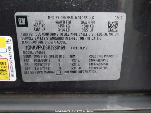 1GNKVFKD6HJ280159 Chevrolet Traverse Ls