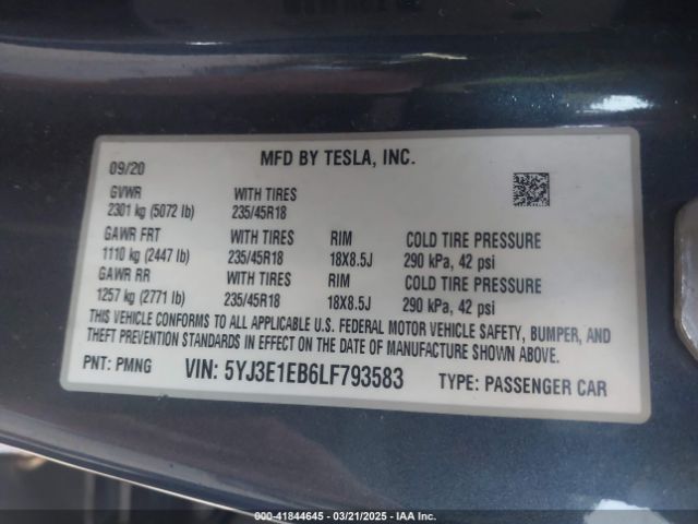 2020 TESLA MODEL 3 5YJ3E1EB6LF793583 Photo 8