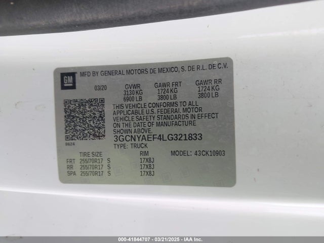 3GCNYAEF4LG321833 Chevrolet Silverado 1500 4wd  Long Bed Wt