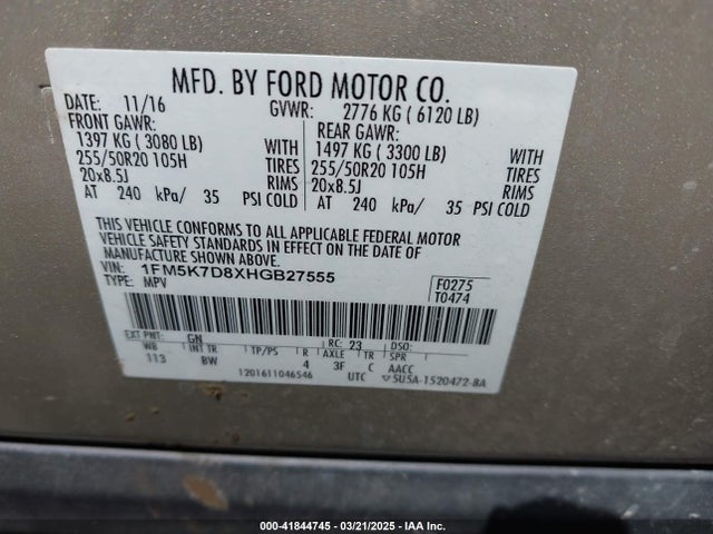1FM5K7D8XHGB27555 Ford EXPLORER XLT
