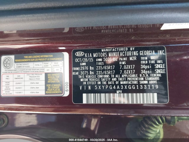 5XYPG4A3XGG133119 KIA Sorento 2.4l Lx