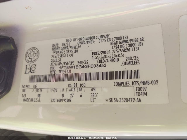 1FTEW1EG4GFD03452 Ford F-150 Platinum