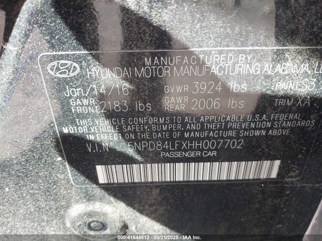 5NPD84LFXHH007702 Hyundai ELANTRA SE