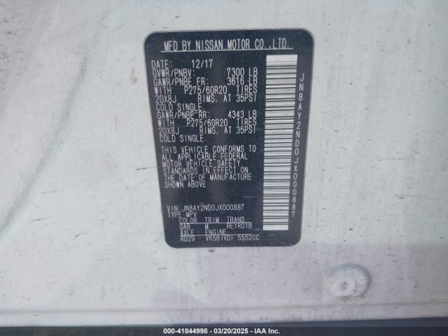 JN8AY2ND0JX000887 Nissan Armada Sl