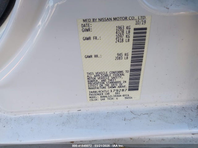 1N4BL4CV7LC179287 Nissan Altima Sr Fwd