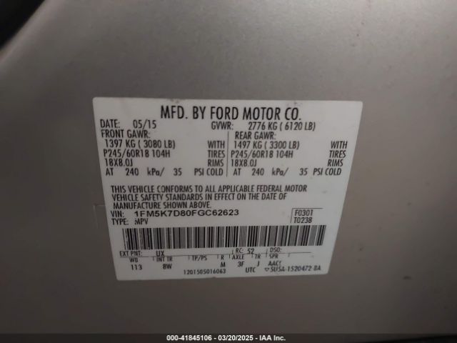 1FM5K7D80FGC62623 Ford EXPLORER XLT