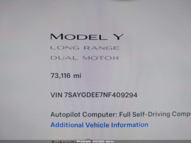 7SAYGDEE7NF409294 Tesla Model Y Long Range Dual Motor All-wheel Drive