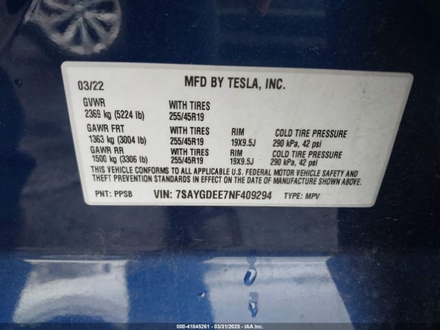 7SAYGDEE7NF409294 Tesla Model Y Long Range Dual Motor All-wheel Drive