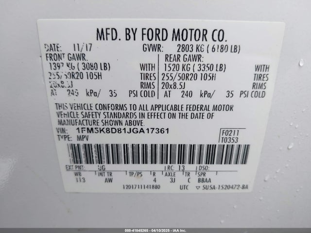 1FM5K8D81JGA17361 Ford EXPLORER XLT