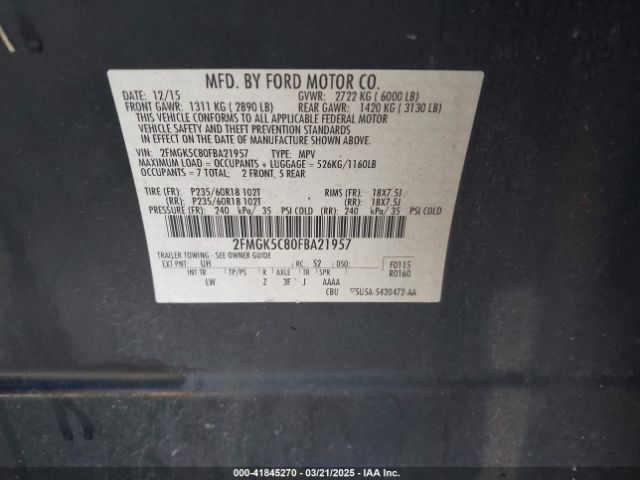 2FMGK5C80FBA21957 Ford FLEX SEL