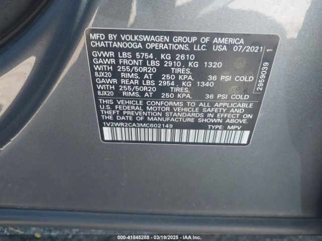 1V2WR2CA3MC602149 Volkswagen Atlas 3.6l V6 Se W/technology