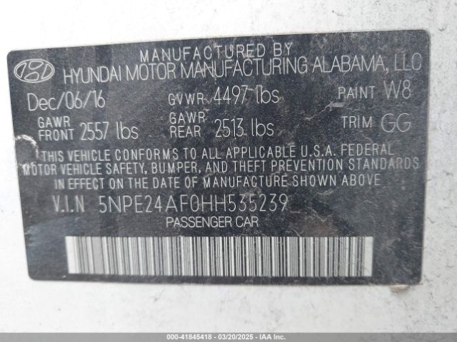 5NPE24AF0HH535239 Hyundai SONATA SE