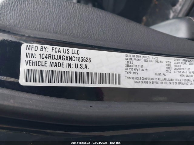 41845522 :رقم المزاد ، 1C4RDJAGXNC185628 vin ، 2022 Dodge Durango Sxt Awd مزاد بيع