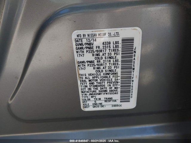 JN8AS5MT1FW150340 Nissan Rogue Select S