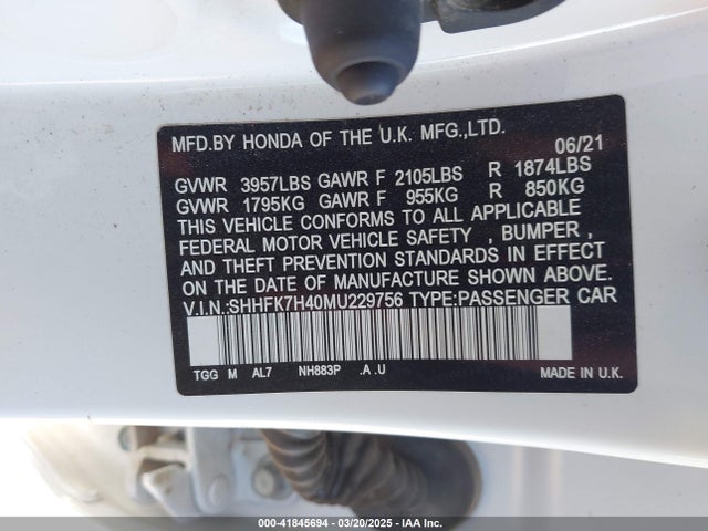 SHHFK7H40MU229756 Honda Civic Sport