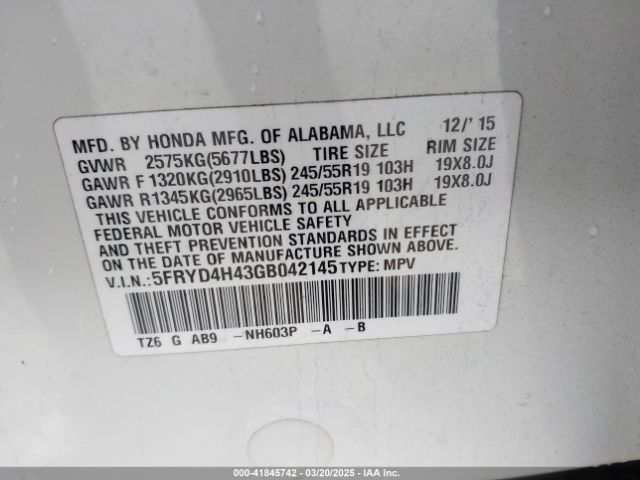 5FRYD4H43GB042145 Acura MDX