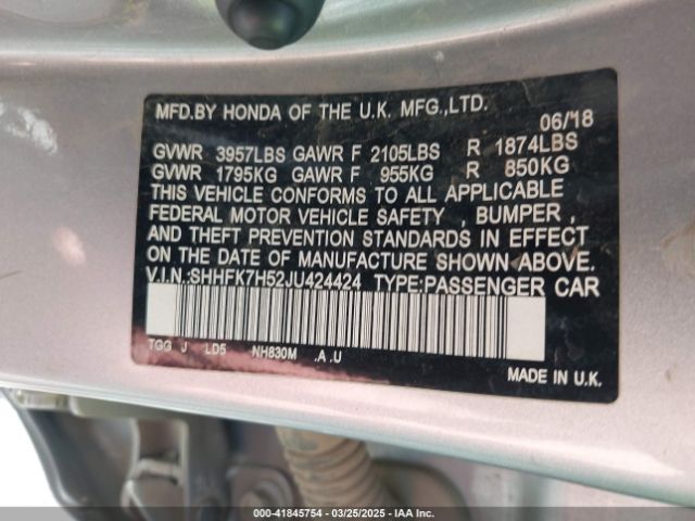 SHHFK7H52JU424424 Honda CIVIC EX