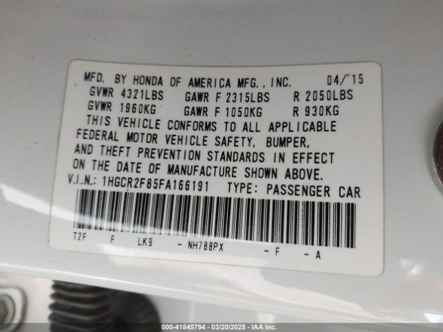 1HGCR2F85FA166191 Honda Accord Ex-l