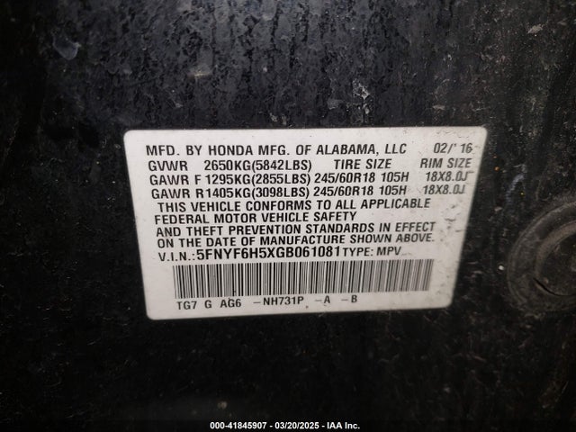 5FNYF6H5XGB061081 Honda Pilot Ex-l
