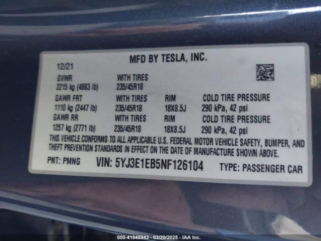 2022 TESLA MODEL 3 5YJ3E1EB5NF126104 Photo 8