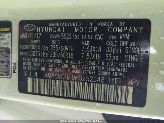KM8SMDHF9HU252648 Hyundai Santa Fe Se